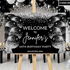 Editable Black Silver Glitter Balloons Glam Welcome Sign Template, Printable Birthday Graduation Party Decor, Canva, Instant Download