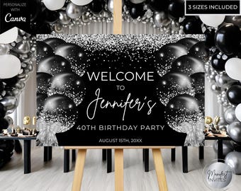Editable Black Silver Glitter Balloons Birthday Welcome Sign, Printable Entrance Sign, Galm Party Decor, Canva Template, Instant Download