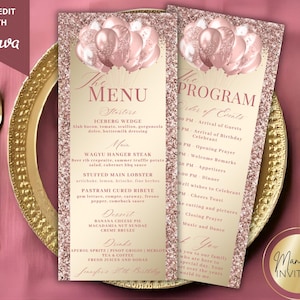 May include: Two elegant menu and program cards with a rose gold glitter border and balloon graphic. The cards are on a gold-rimmed plate with gold cutlery. Text includes "The Menu" and "The Program".