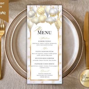 Bearbeitbares elegantes Weihnachtsdinner Party Menü Kartenvorlage, druckbares Urlaubsmenü, Weihnachtshochzeitsmenü, Weißgold, Sofort Download