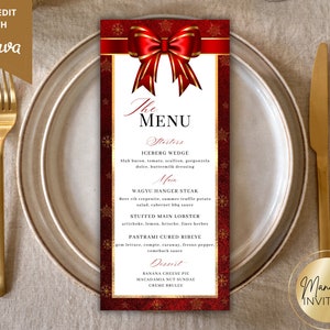 Edytowalny szablon karty menu na przyjęcie świąteczne, drukowane menu świąteczne, świąteczna karta menu świątecznego, elegancka karta menu, natychmiastowe pobieranie
