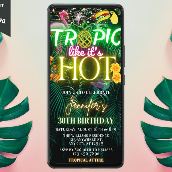 Digital Tropical Hawaiian Luau Birthday Invitation, Electronic Birthday Party Invite, Tropic Like It's Hot, Self-Edit, Instant Download