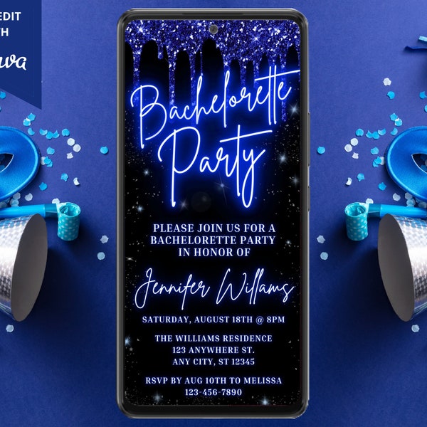 Digital Bachelorette Party Invitation, Electronic Mobile Phone Text Message Evite, Blue Glitter Drip, Editable Template, Instant Download