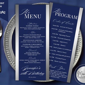 Editable Modern Blue Silver Menu and Event Program Card Template, Thank You Note, Order of Event Agenda, Table Program, Instant Download