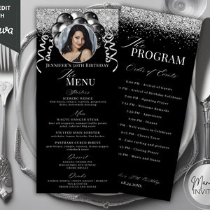 Edytowalny obraz Czarno-srebrne balony z brokatem Menu i Karta programu Szablon, Wydrukowana Karta Menu Napojów Na Imprezę, Menu Urodzinowe