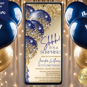 Digital Elegant Surprise Birthday Party Invitation, Navy Blue Gold Glitter Balloons, Phone Text Evite, Editable Template, Instant Download
