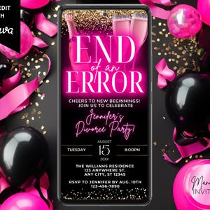 Convite digital para festa de divórcio "Fim de um erro", Término de relacionamento recém-solteiro, Glitter neon rosa, Evite telefone, Modelo editável, Download instantâneo