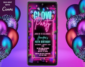 Digital Glow Party Pink Neon Balloons Birthday Party Invitation, Electronic Phone Text Evite, Editable Template, Instant Download, PNB4