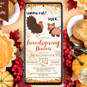 Faire-part d'anniversaire numérique drôle de cochon dinde pour l'amitié, fête d'automne pour Thanksgiving, alerte téléphonique, modèle modifiable, téléchargement immédiat