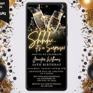 Digital Shhh Surprise Birthday Party Invitation, Electronic Phone Text Evite, Black Gold Neon Champagne, Editable Template, Instant Download