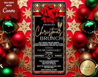 May include: A Christmas Brunch invitation on a smartphone screen, featuring a black background with gold text and a red bow. The invitation includes details for a brunch hosted by The Williams Family on December 25th, 20XX, at 11:00 AM. The background is red with Christmas ornaments.