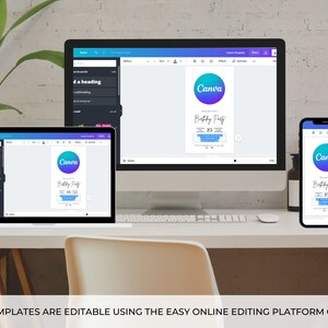 May include: A computer screen showing a Canva design template for a birthday party invitation. The template features a blue and purple gradient circle with the text "Canva" and "Birthday Party" in white. The text "25" is also included in the design.