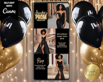 Digital Prom Send Off Photo Template Gold Neon Party Invitation, Electronic Phone Evite, Grad Party, Editable Template, Instant Download