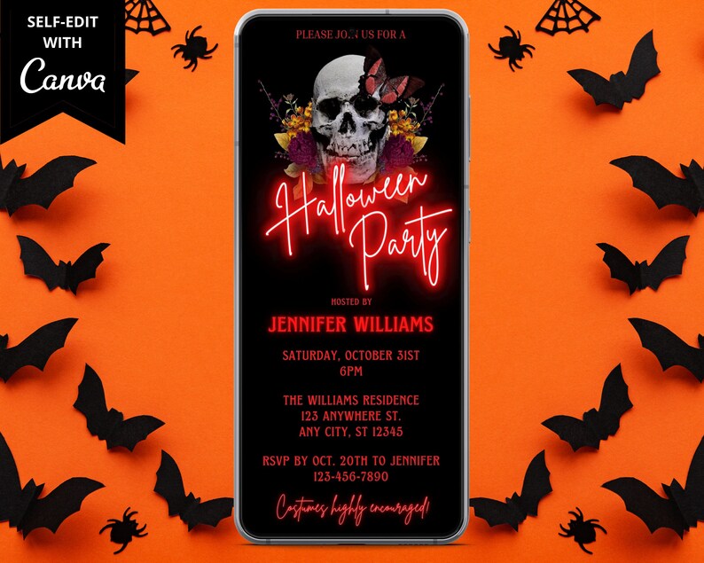 Digital Halloween Party Invitation Electronic Halloween Party Invite Skull Red Flowers Editable Template Text Evite Instant