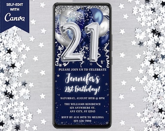 Invito digitale con palloncini blu argento per festa del 21° compleanno, messaggio di testo elettronico per telefono, modello modificabile, download istantaneo