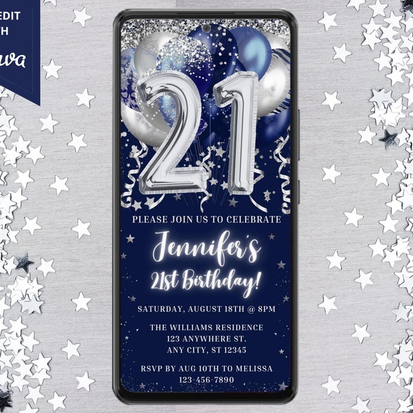 Digital 21st Birthday Party Navy Blue Silver Balloons Invitation, Electronic Phone Text Message Evite, Editable Template, Instant Download