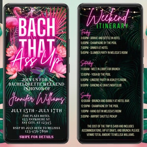 Electronic Tropical Bachelorette Weekend Party Invitation, Bach That Ass Up, Digital Weekend Schedule Itinerary, Pink Neon, Instant Download