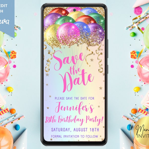 Digital Rainbow Birthday Save the Date Invitation, Electronic Text Message Evite, Colorful Balloons, Editable Template, Instant Download