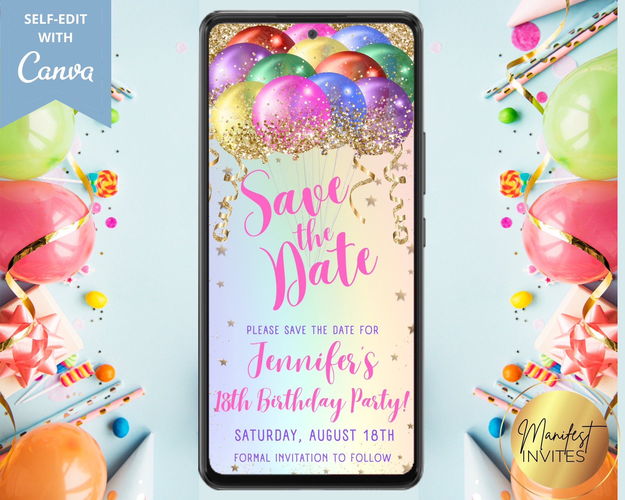 digital-rainbow-birthday-save-the-date-invitation-electronic-text-message-evite-colorful-balloons-editable-template-instant-download-etsy