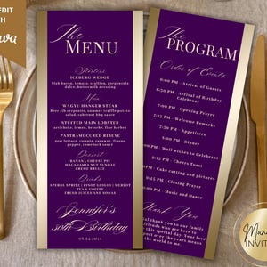 Editable Modern Purple Gold Menu and Event Program Card Template, Thank You Note, Order of Event Agenda, Table Program, Instant Download