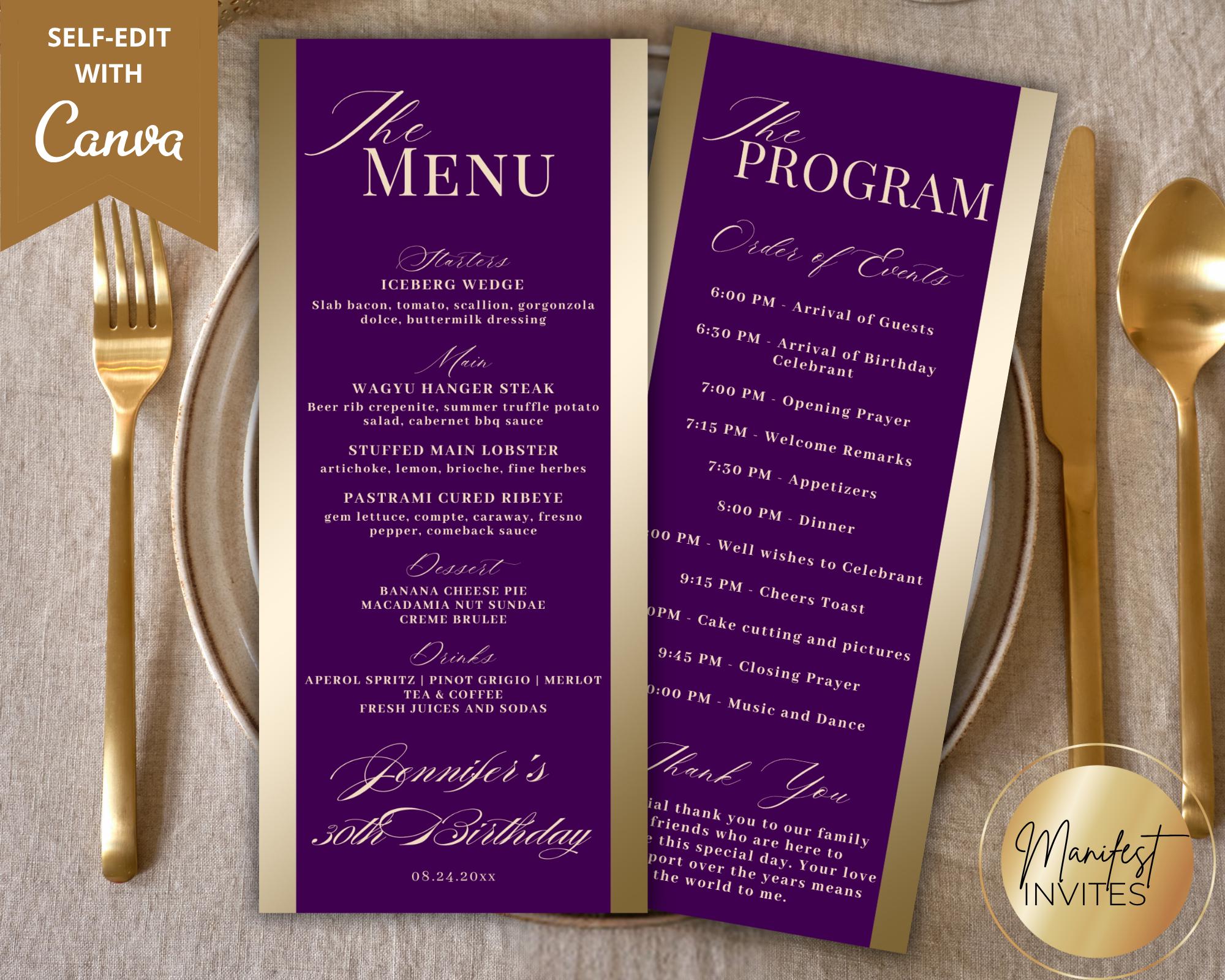 Event Menu Card Example Editable Modern Purple Gold Menu and Event Program Card Template, Thank ...