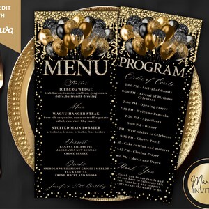 May include: Black and gold party menu and program cards with balloon graphics. The menu includes starters, main courses, desserts, and drinks. The program outlines the order of events. The text says "Jennifer's 30th Birthday".