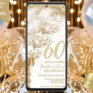 Digital 60th Birthday White Gold Balloon Party Invitation, Elegant Modern, Electronic Phone Evite, Editable Template, Instant Download, WG35