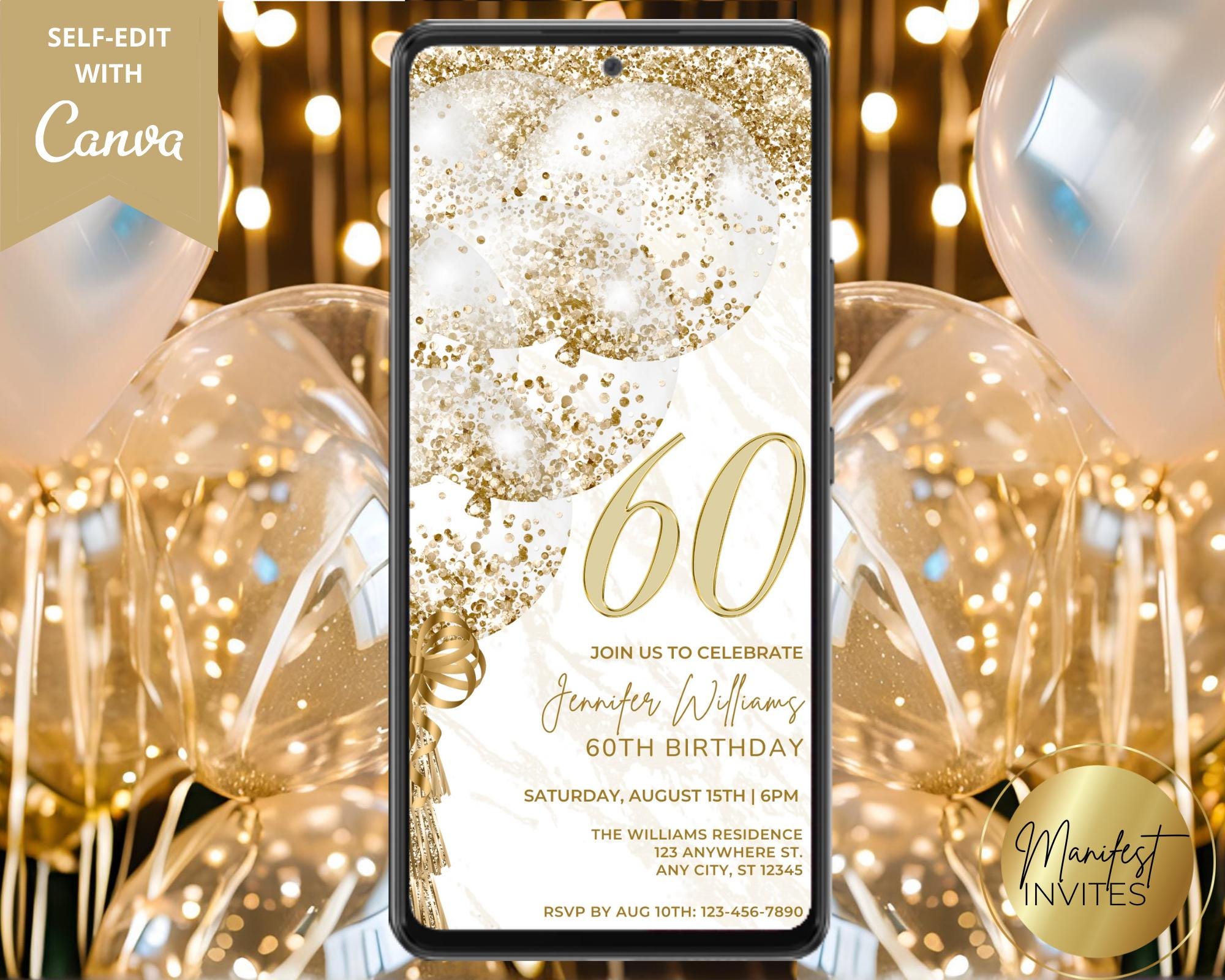 Digital 60th Birthday White Gold Balloon Party Invitation, Elegant Modern, Electronic Phone Evite, Editable Template, Instant Download, WG35
