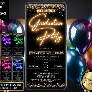 Digital Graduation Party Invitation, Neon Gold Glitter, High School College Grad Party, Text Evite, Editable Template, Instant Download