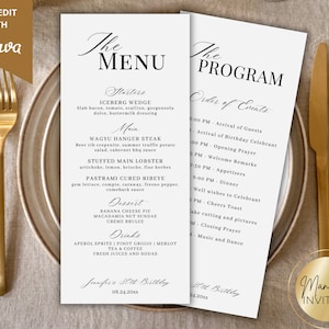 May include: A pair of wedding stationery cards, a menu and a program, with gold cutlery. The menu details starters, mains, desserts, and drinks. The program lists the order of events for the celebration.