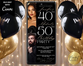 Digital Elegant Double Birthday Party Photo Invitation, Modern Black Gold Invite, 2 Person Joint Birthday, Editable Canva Template, VP26