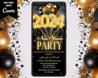 Digital 2024 New Years Eve Party Invitation, Electronic Phone Text Evite, NYE 2024, Gold Black Balloons, Editable Template, Instant Download