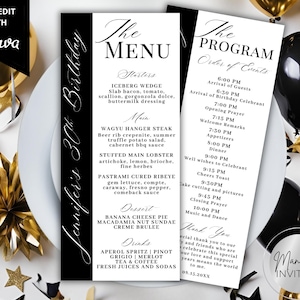Editable Modern Black and White Menu Program and Thank You Card, Modern Birthday Dinner Party Table Setting Decor, Printable Canva Template