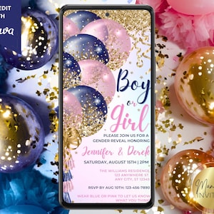 Digital Boy or Girl Navy Blue Pink Gold Balloon Gender Reveal Invitation, Couples Shower, Phone Evite, Editable Template, Instant Download