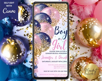 Digital Boy or Girl Navy Blue Pink Gold Balloon Gender Reveal Invitation, Couples Shower, Phone Evite, Editable Template, Instant Download