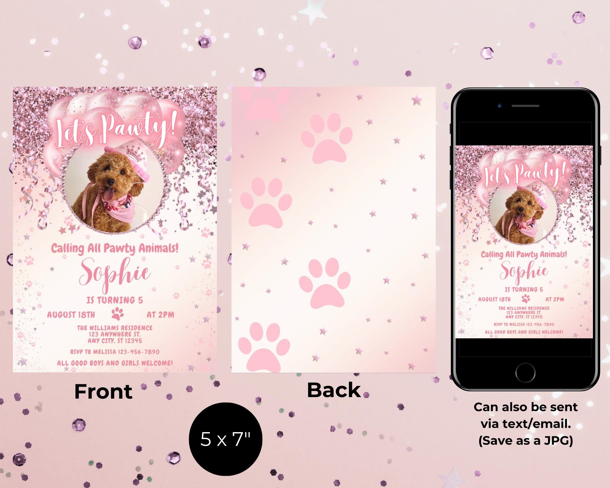 Editable Let's Pawty Girl Dog Birthday Party Glam Photo Invitation ...