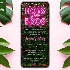 Electronic Galentine's Day Party Invitation, Digital Galentine's Day Evite, Pink Neon Greenery Floral, Editable Template, Instant Download