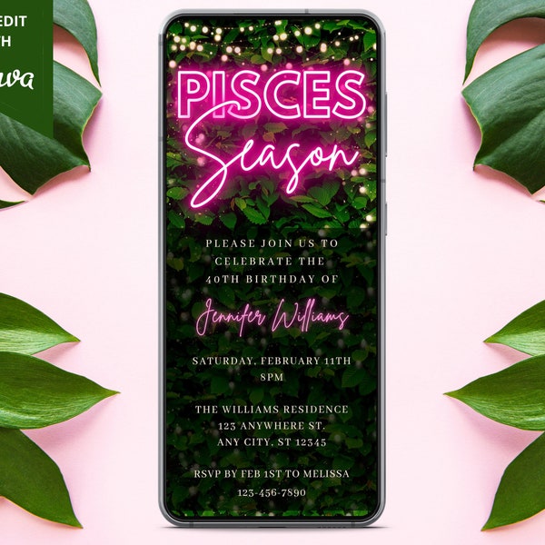 Pisces Season Birthday Digital Invitation, Electronic Party Invite, Pisces Zodiac, Pink Neon Greenery, Editable Template, Instant Download