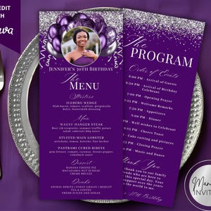 May include: A purple and silver birthday menu and program card set. The menu features a photo, menu items, and the text "Jennifer's 30th Birthday." The program lists the order of events. Cutlery and a decorative plate are in the foreground.