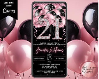 Digital 21st Birthday Pink Black Balloons Diamond Glam Women's Party Invitation, Phone Text Evite, Editable Template, Instant Download, PB73