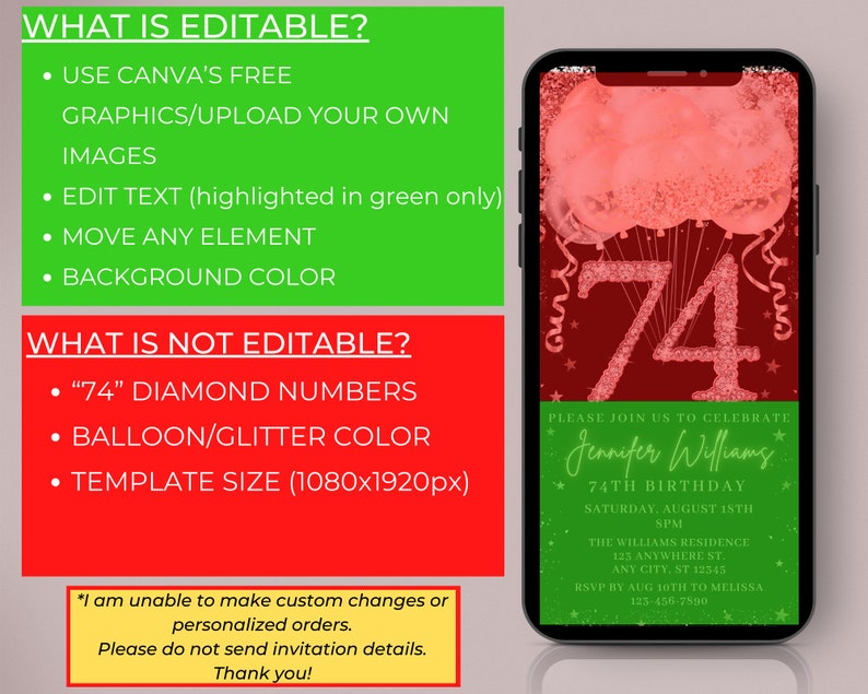 Digital 74th Birthday Pink Rose Gold Diamond Balloons Party Invitation ...