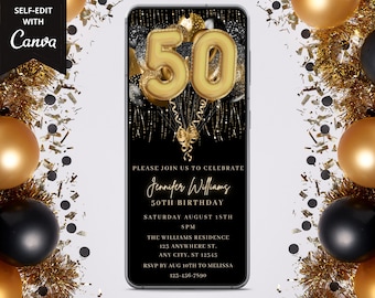 Digital 50th Birthday Party Invitation, Electronic Birthday Invite, Paperless Invitation, Editable Template, Black Gold, Instant Download