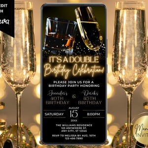 Digitale Paare Seine Hers Erwachsene Gemeinsame Doppelgeburtstagseinladung, Telefontext Evite, Champagner Whisky, bearbeitbare Vorlage, Sofort-Download