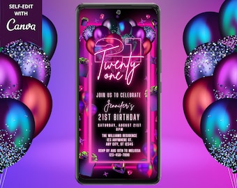 Digital 21st Twenty One Pink Neon Balloons Birthday Party Invitation, Electronic Phone Text Evite, Editable Template, Instant Download, PNB4