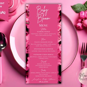 Edytowalny różowy Baby in Bloom Baby Shower Girl Baby Shower Szablon, Kwiatowe Menu Przyjęcia Baby Shower i Karta Menu Napojów, Natychmiastowe Pobieranie