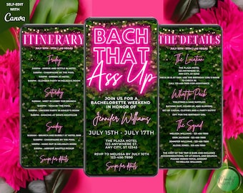 Digital Bach That Ass Up Bachelorette 3 Day Party Itinerary Invitation, Phone Evite, Pink Neon Greenery, Editable Template, Instant Download