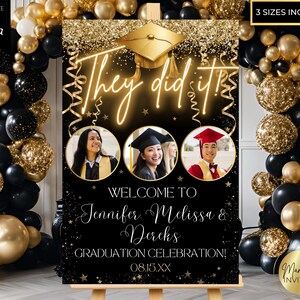 Editable Triple Graduation Party Welcome Sign Photo Template, They Did It, 3 Person Graduation, Black Gold, Party Decor, Instant Download
