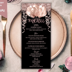 Bearbeitbare rosa Roségold-Glitzerballons Geburtstagsmenükarte, druckbares Ereignismenü und Getränkekarte, bearbeitbare Vorlage, Sofort-Download