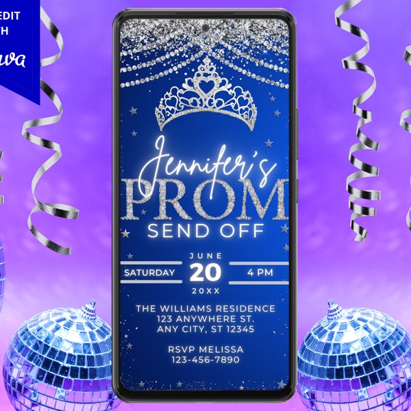 Digital Prom Send Off Blue Silver Crown Diamonds Party Invitation, Electronic Phone Evite, Grad Party, Editable Template, Instant Download