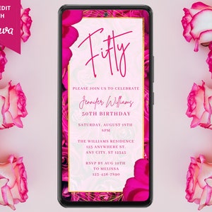 Digital Fifty 50th Birthday Party Invitation, Electronic Phone Text Message Evite, Hot Pink Floral, Self-Edit Template, Instant Download